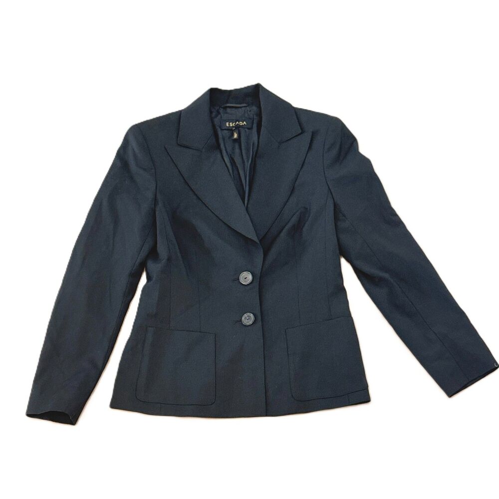 Vintage ESCADA Black Virgin Wool Two Button Blazer Jacket - Women's 36
